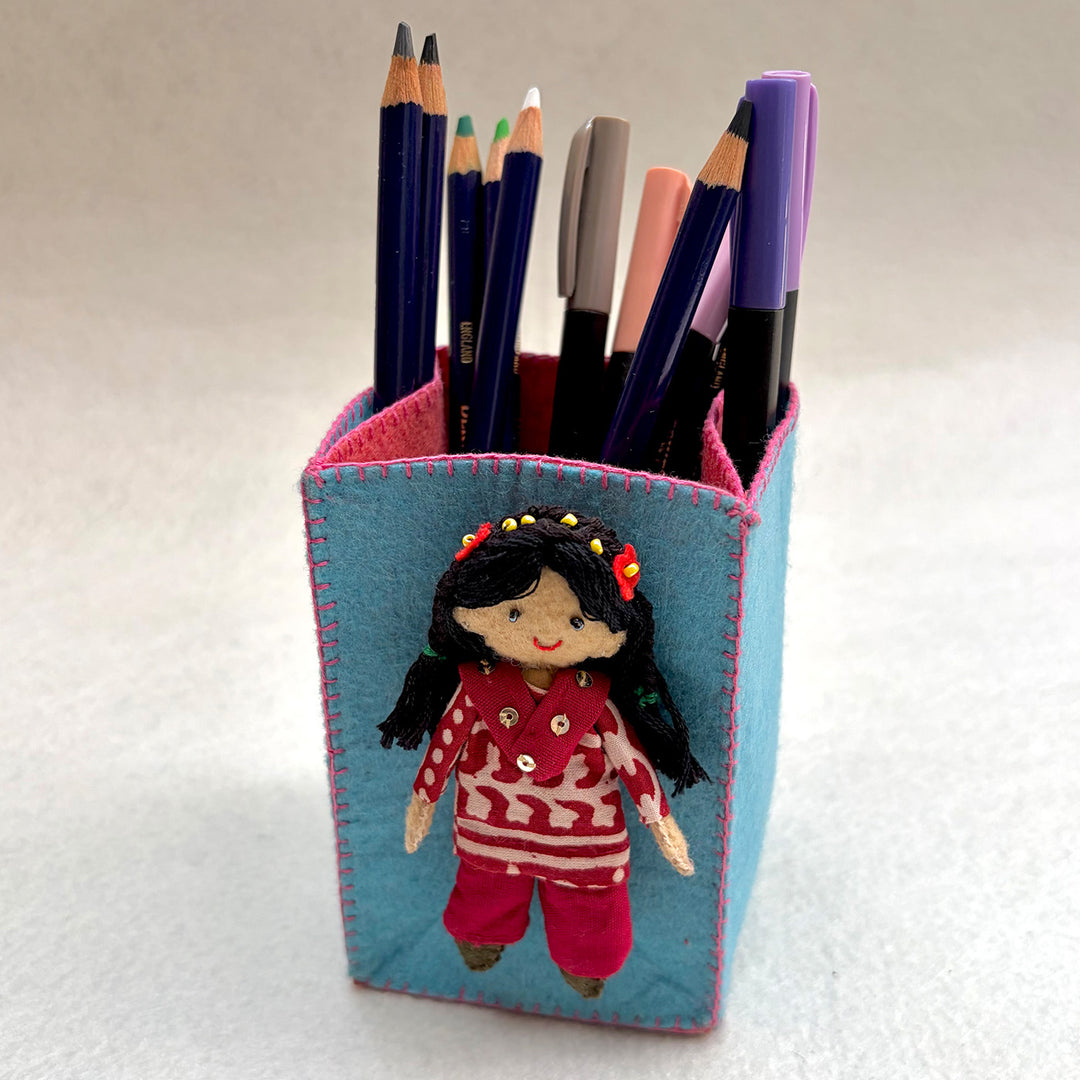 Handmade Turquoise & Pink Pen Stand with Detachable Veera Doll