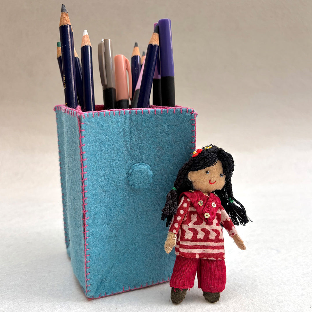 Handmade Turquoise & Pink Pen Stand with Detachable Veera Doll