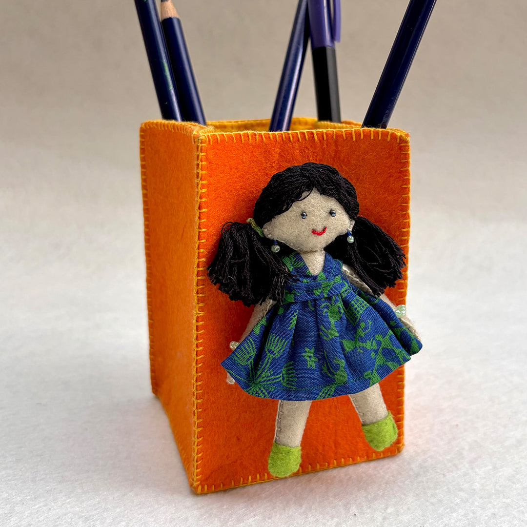 Handmade Orange & Yellow Pen Stand with Detachable Zoya Doll