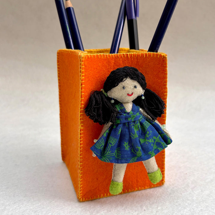 Handmade Orange & Yellow Pen Stand with Detachable Zoya Doll