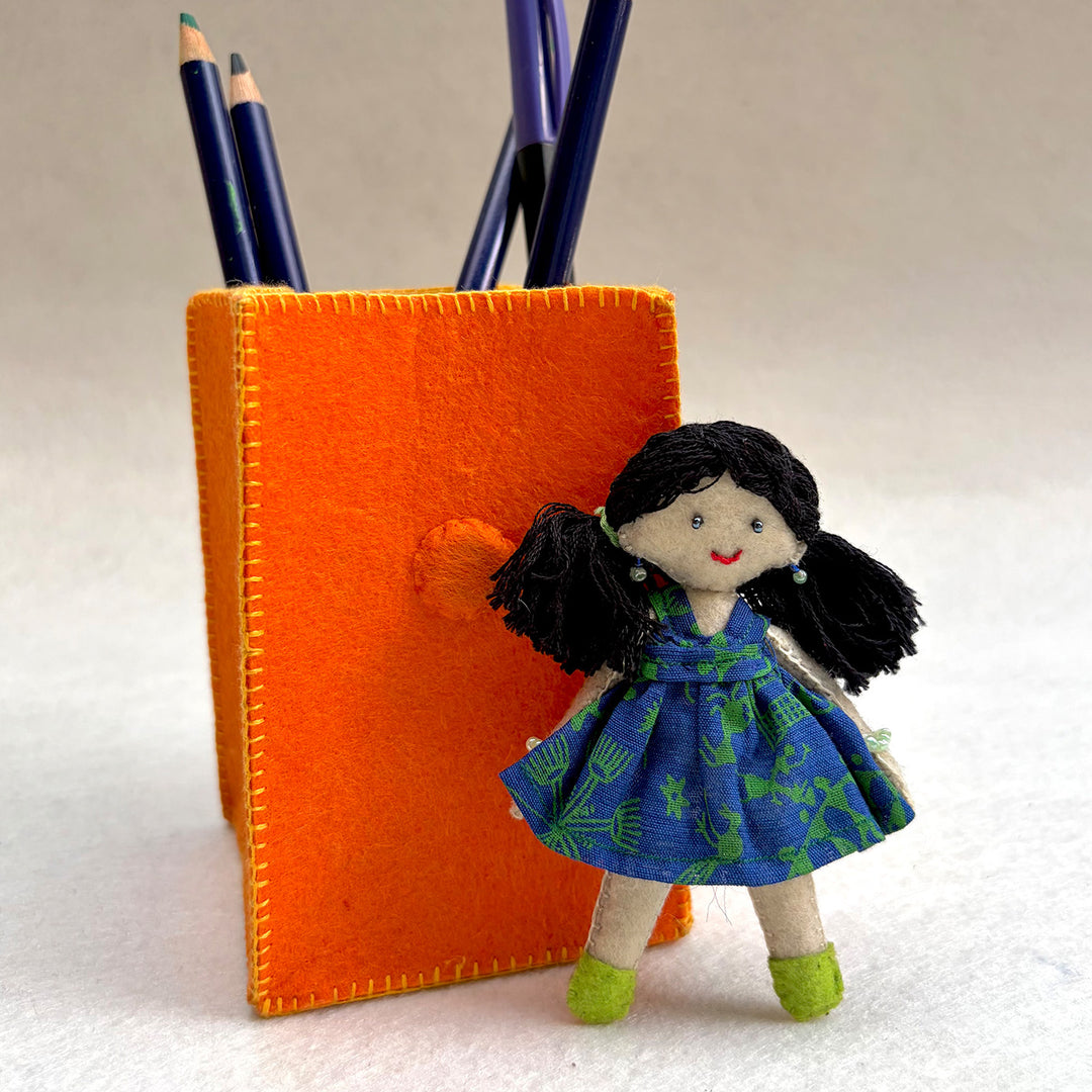 Handmade Orange & Yellow Pen Stand with Detachable Zoya Doll