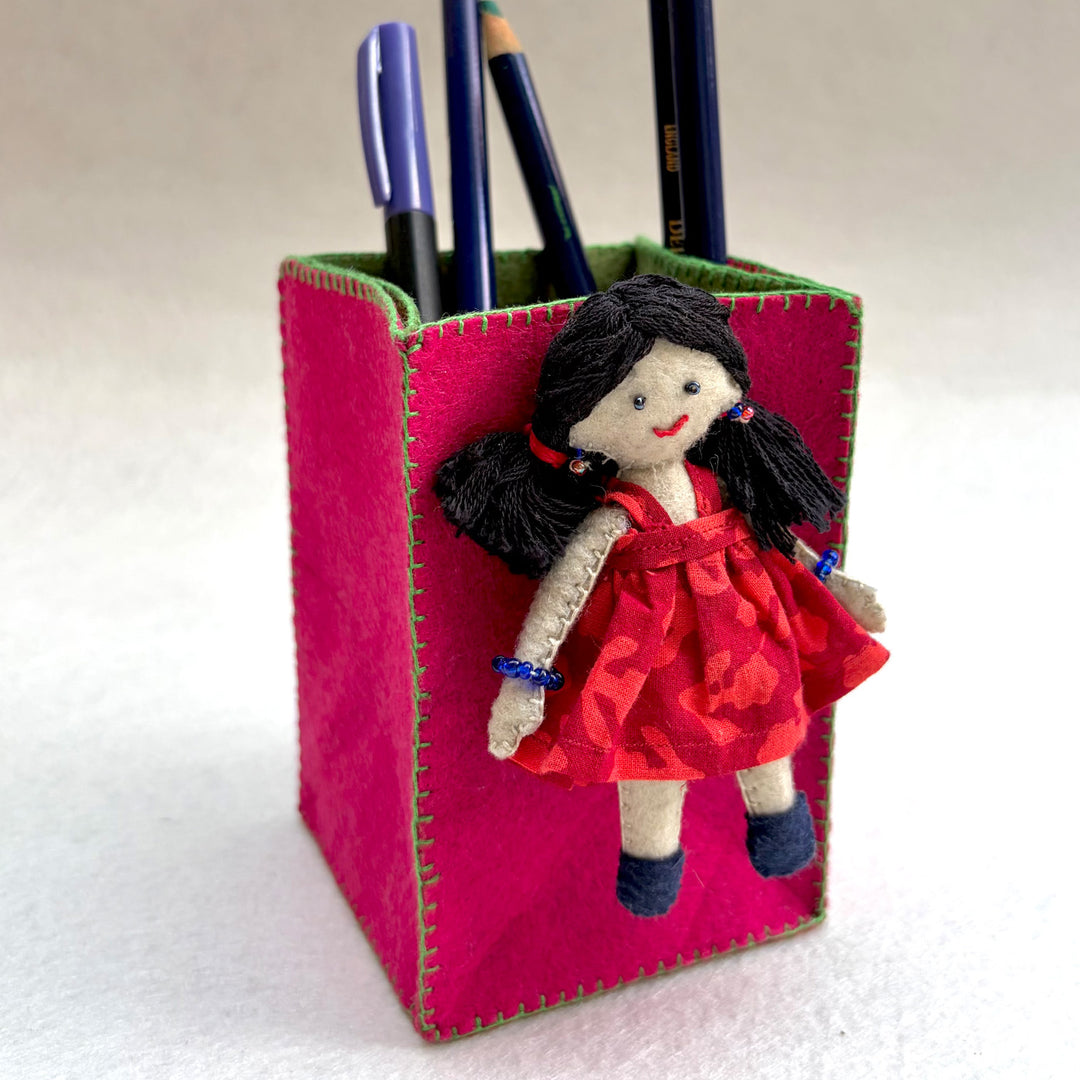 Handmade Pink & Green Pen Stand with Detachable Zoya Doll