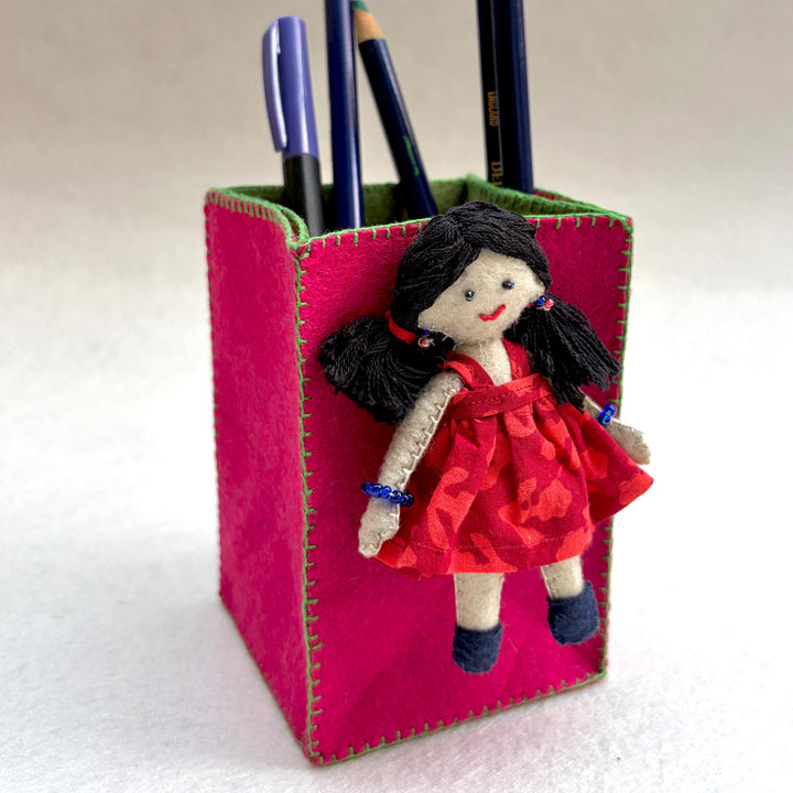 Handmade Pink & Green Pen Stand with Detachable Zoya Doll
