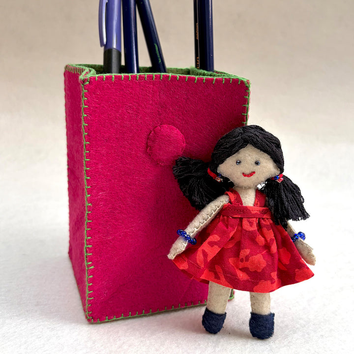 Handmade Pink & Green Pen Stand with Detachable Zoya Doll