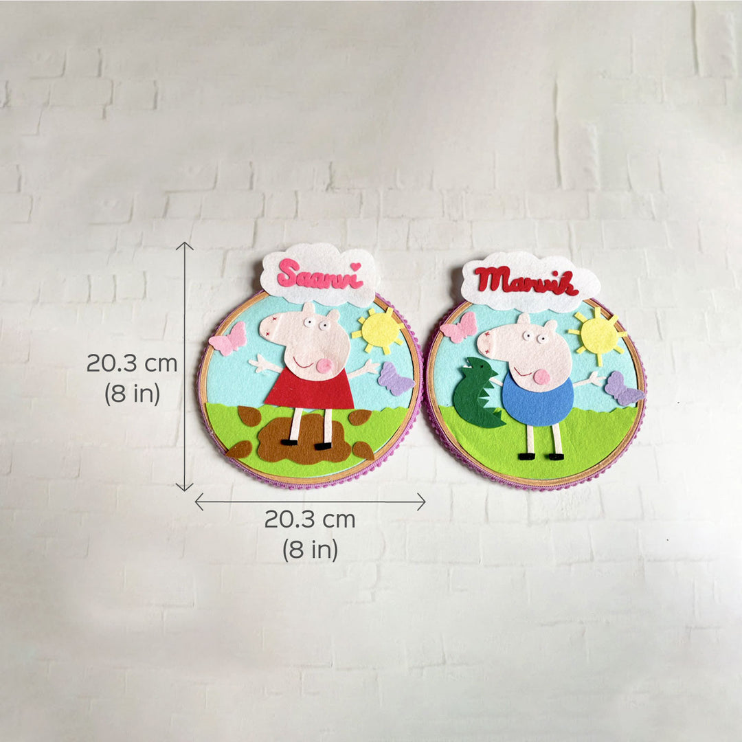 Personalized Felt Peppa Pig Theme Wall Name Plate - Dimension Chart with Front View