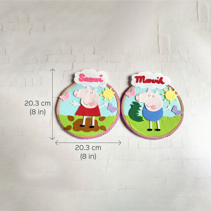 Personalized Felt Peppa Pig Theme Wall Name Plate - Dimension Chart with Front View