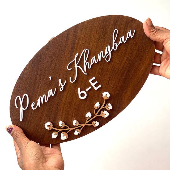 Personalised Wooden Oval Floral Nameplate