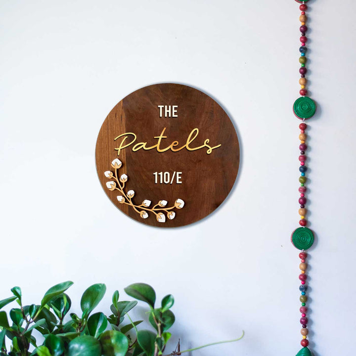 Personalised Wooden Round Floral Nameplate
