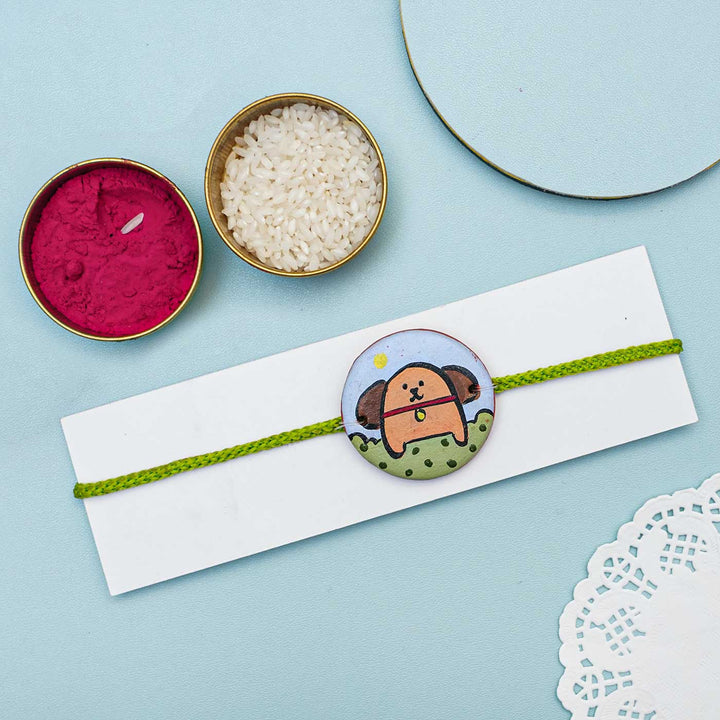 Personalized Animal Theme Terracotta Rakhi With Roli Chawal For Kids 1 - Styled with Accessories on Card