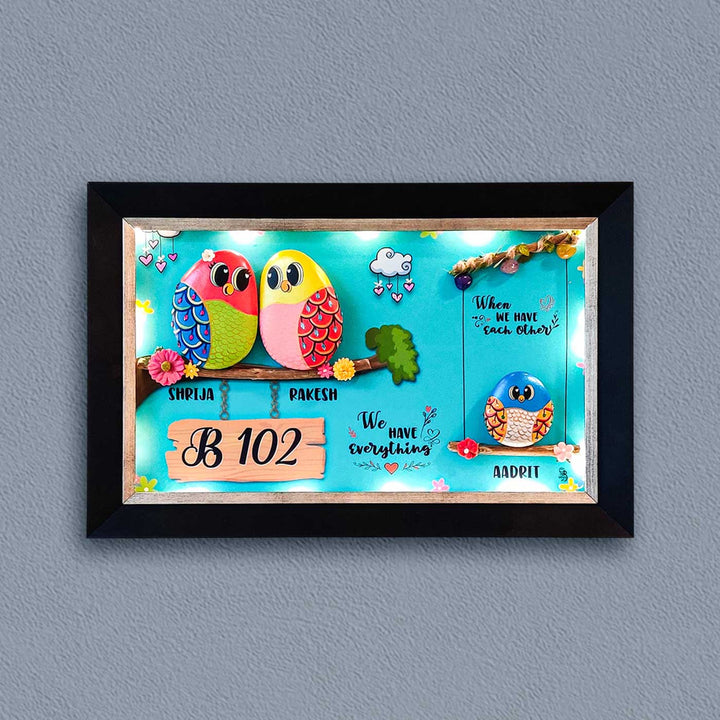 Personalized Pebble Art Embraced With Love Wooden Name Plate With Lights