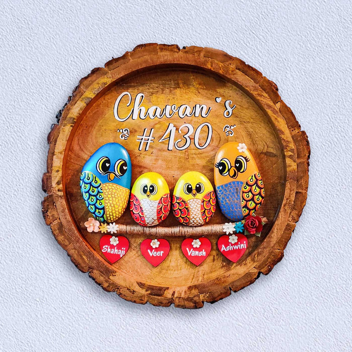 Personalized Pebble Art Round Family On Branch Wooden Name Plate