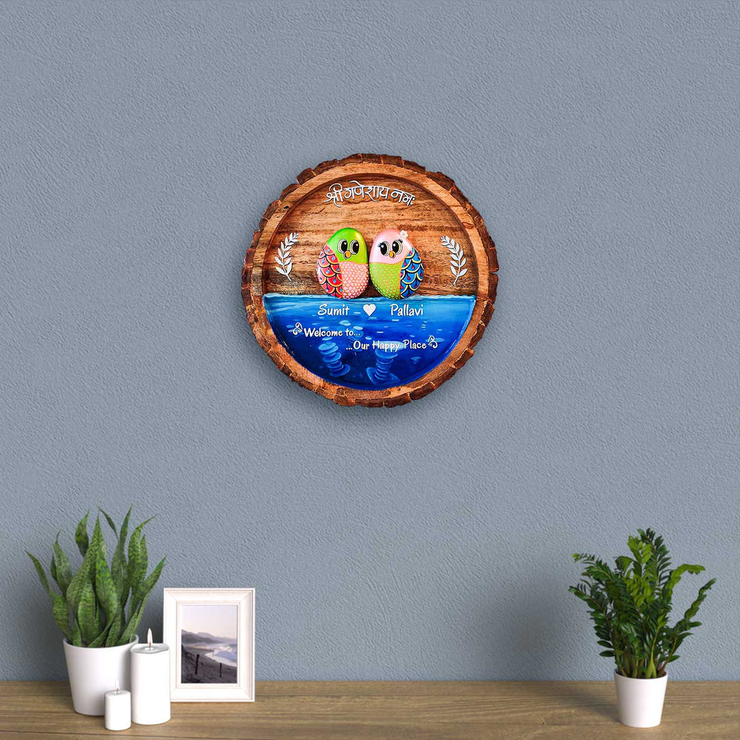 Personalized Pebble Art Round Water Theme Wooden Name Plate