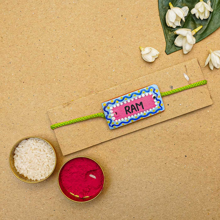Personalized Terracotta Rectangle Rakhi With Roli Chawal