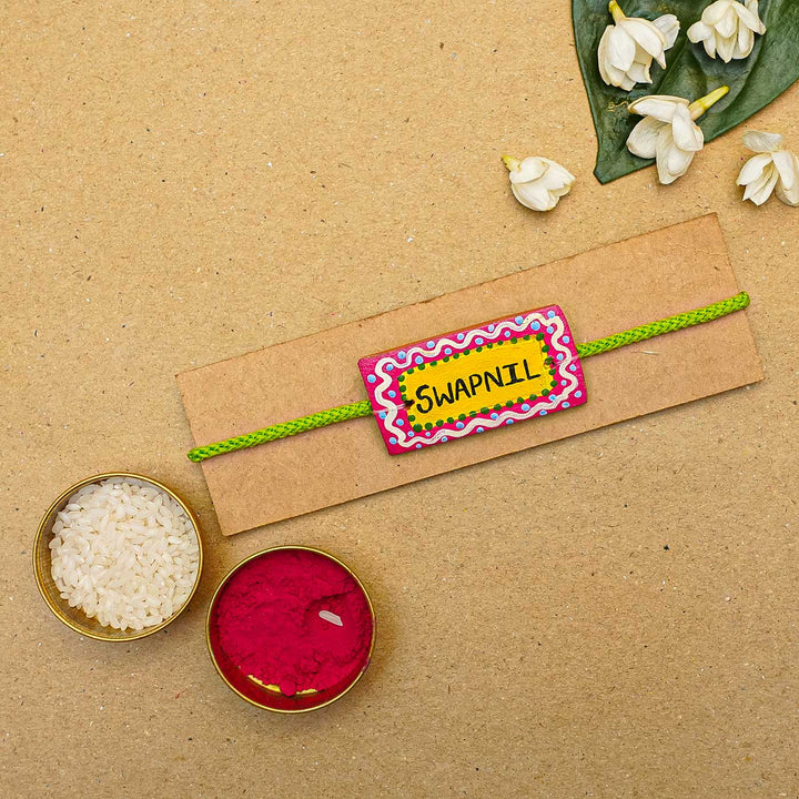 Personalized Terracotta Rectangle Rakhi With Roli Chawal