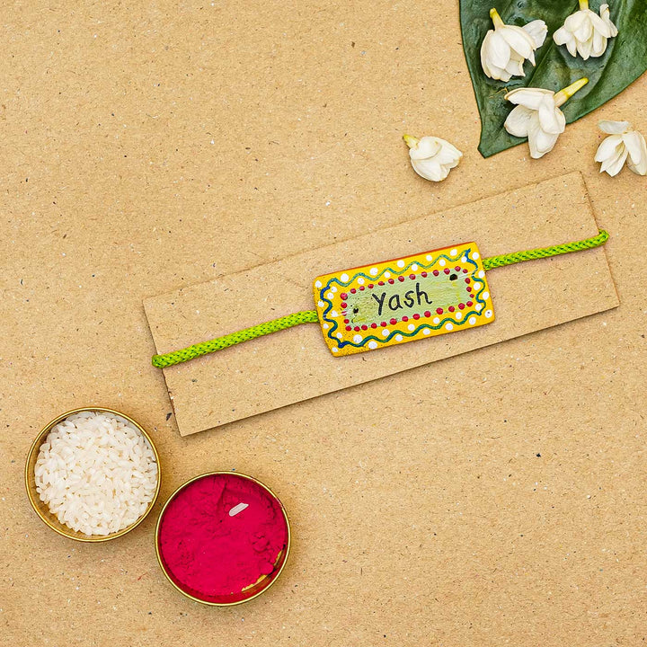 Personalized Terracotta Rectangle Rakhi With Roli Chawal