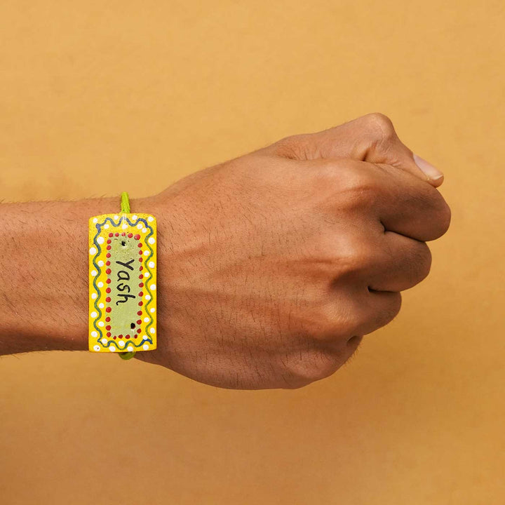 Personalized Terracotta Rectangle Rakhi With Roli Chawal