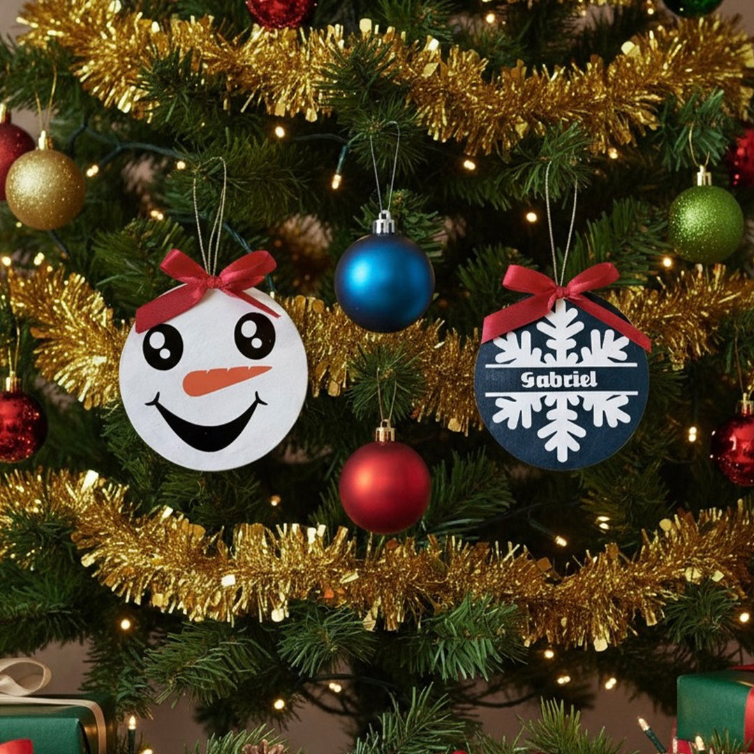 Personalized Snowflakes & Snowmen Wooden Christmas Tree Ornaments | Set of 2