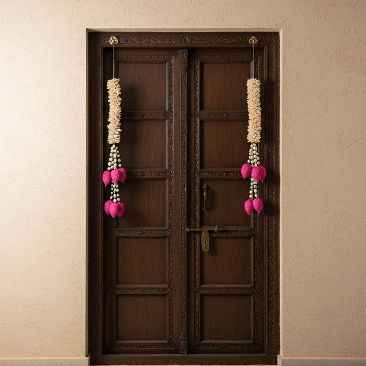 Handmade Petal Charm White & Pink Shola Flower Hanging | Set Of 2