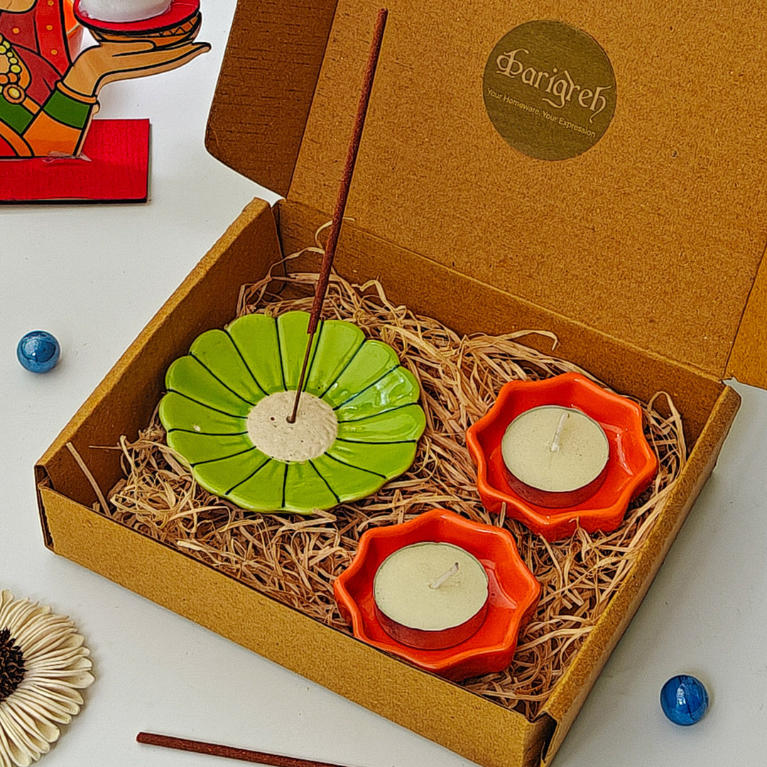 Handcrafted Ceramic Phool & Prakash Diwali Gift Hamper With Agarbatti Stand And 2 Star Diyas