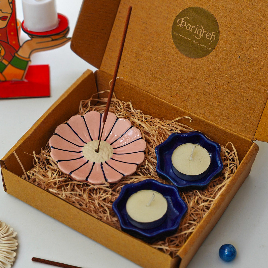 Handcrafted Ceramic Phool & Prakash Diwali Gift Hamper With Agarbatti Stand And 2 Star Diyas