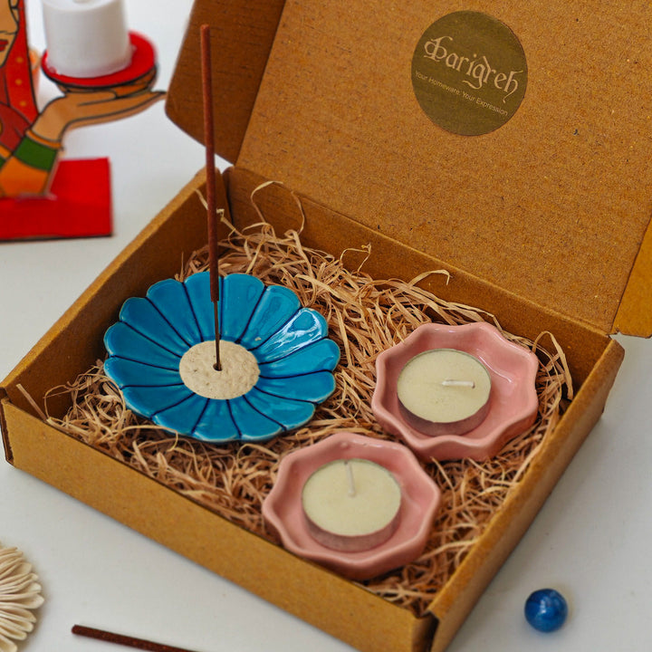 Handcrafted Ceramic Phool & Prakash Diwali Gift Hamper With Agarbatti Stand And 2 Star Diyas