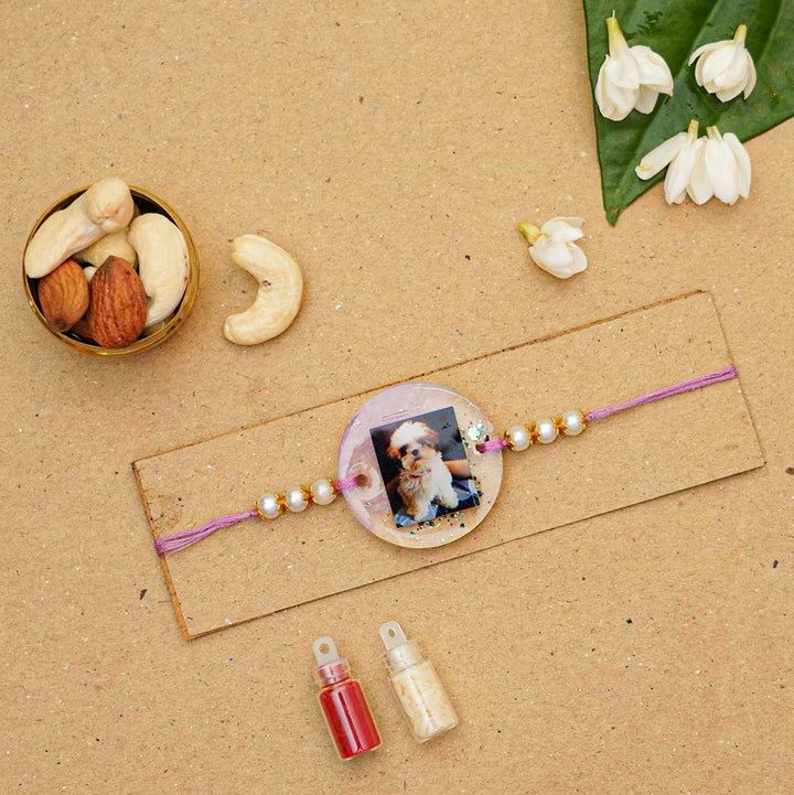 Photo Personalized Reusable Resin Rakhi With Roli Chawal - Top View with Props Display