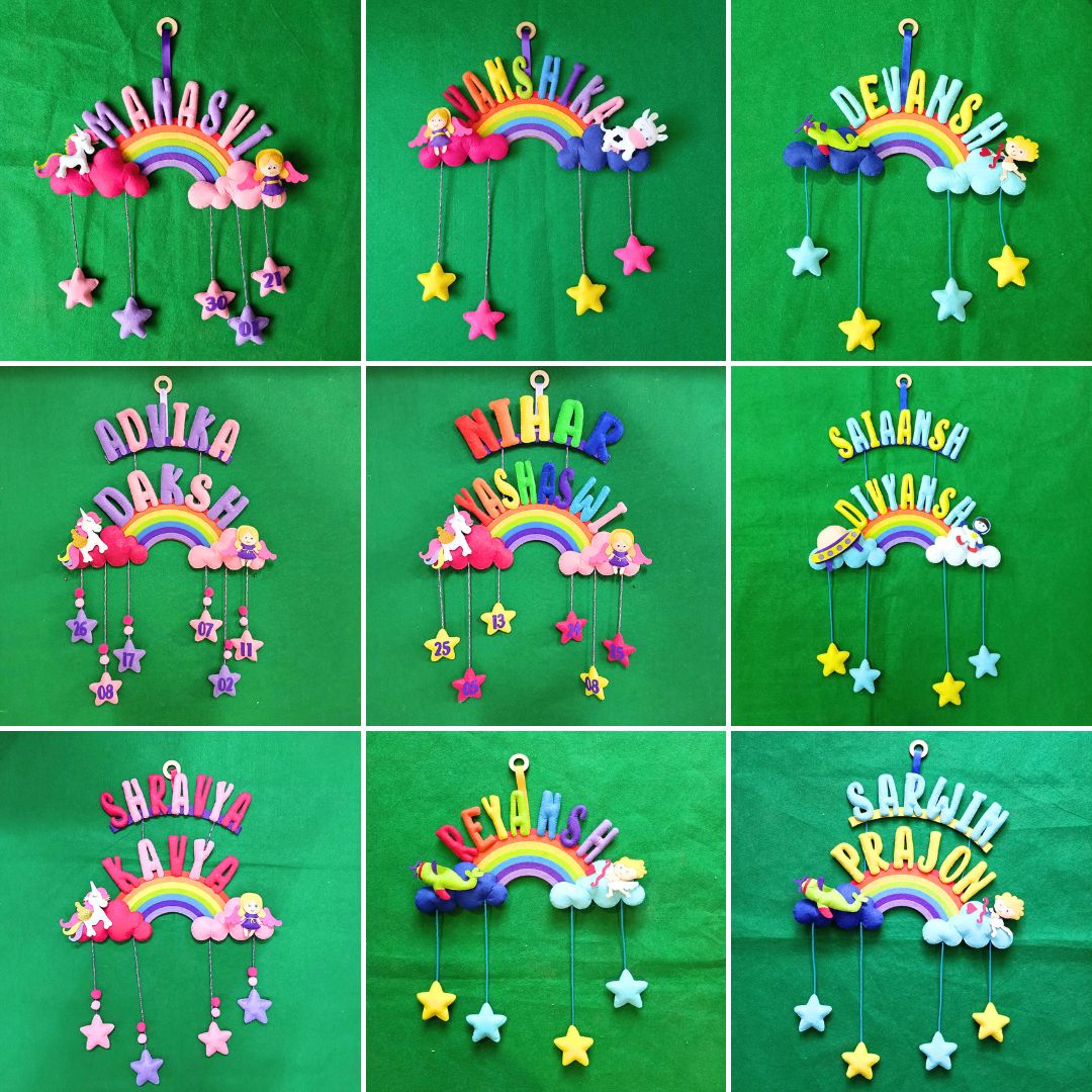 Handcrafted Personalized Rainbow Felt Name Plate With Date Of Birth - Grid Layout of Personalized Name Hangings
