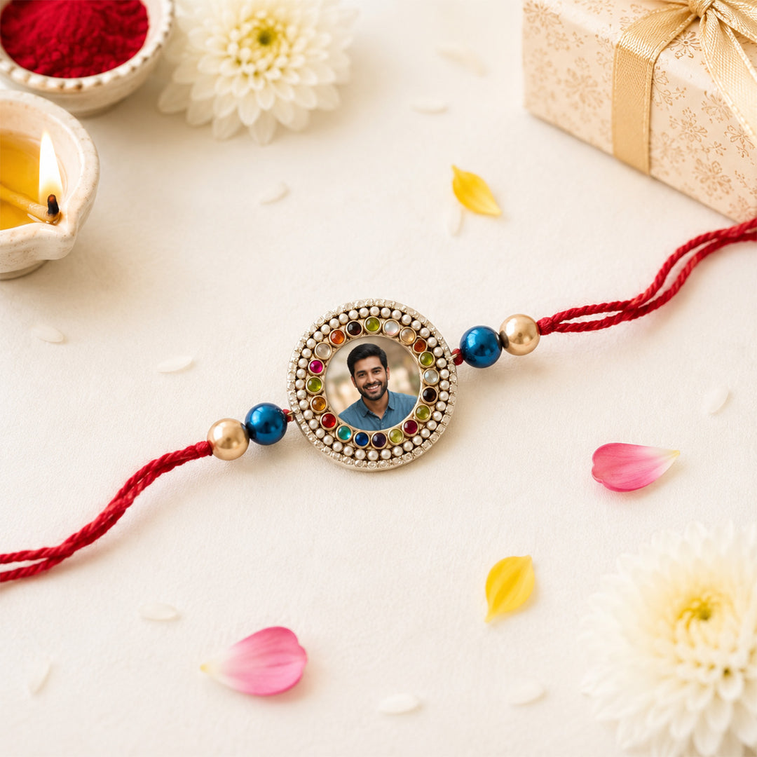 Personalized Handmade Clay Photo Rakhi With Roli Chawal For Brother