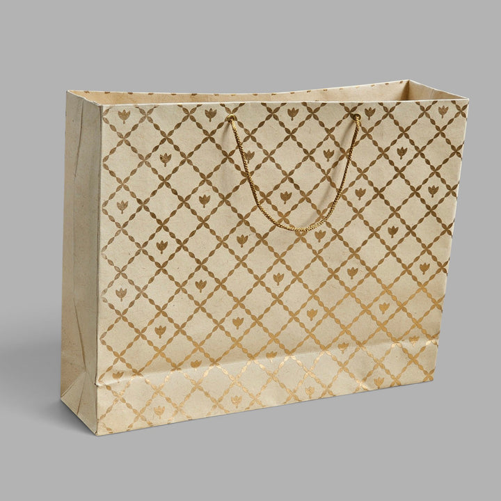 "Box Flower Maze" Handmade Golden Screen Printed Large Paper Bag For Festive Gifting