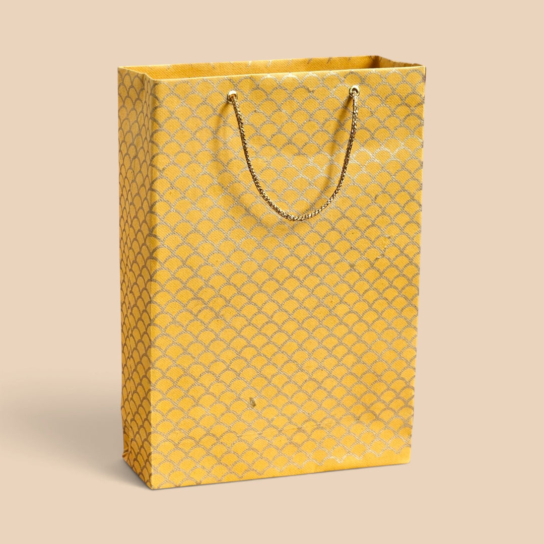 "Fishscale" Handmade Golden Screen Printed Medium Paper Bag For Festive Gifting