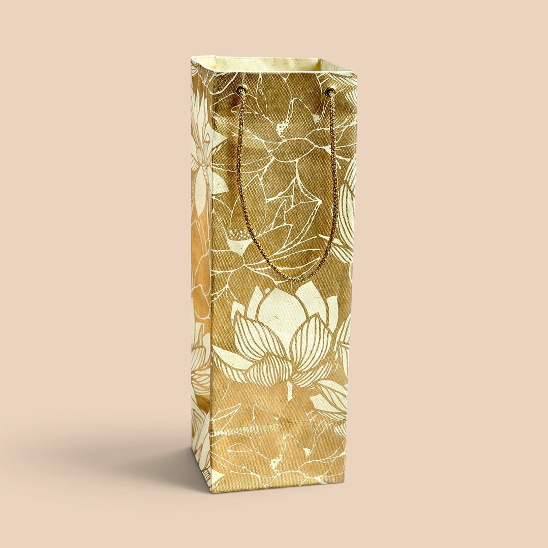 "Lotus" Handmade Golden Screen Printed Bottle Paper Bag For Festive Gifting