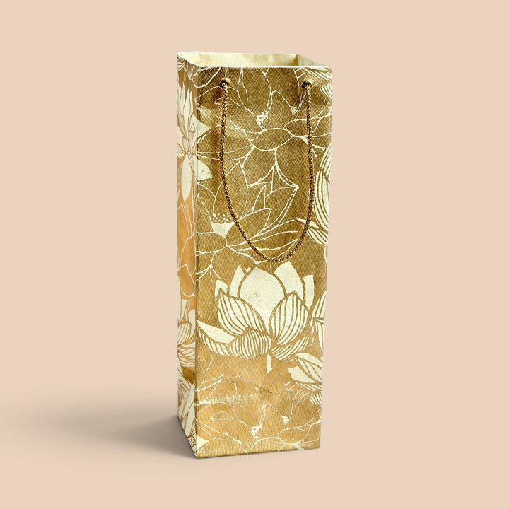 "Lotus" Handmade Golden Screen Printed Bottle Paper Bag For Festive Gifting