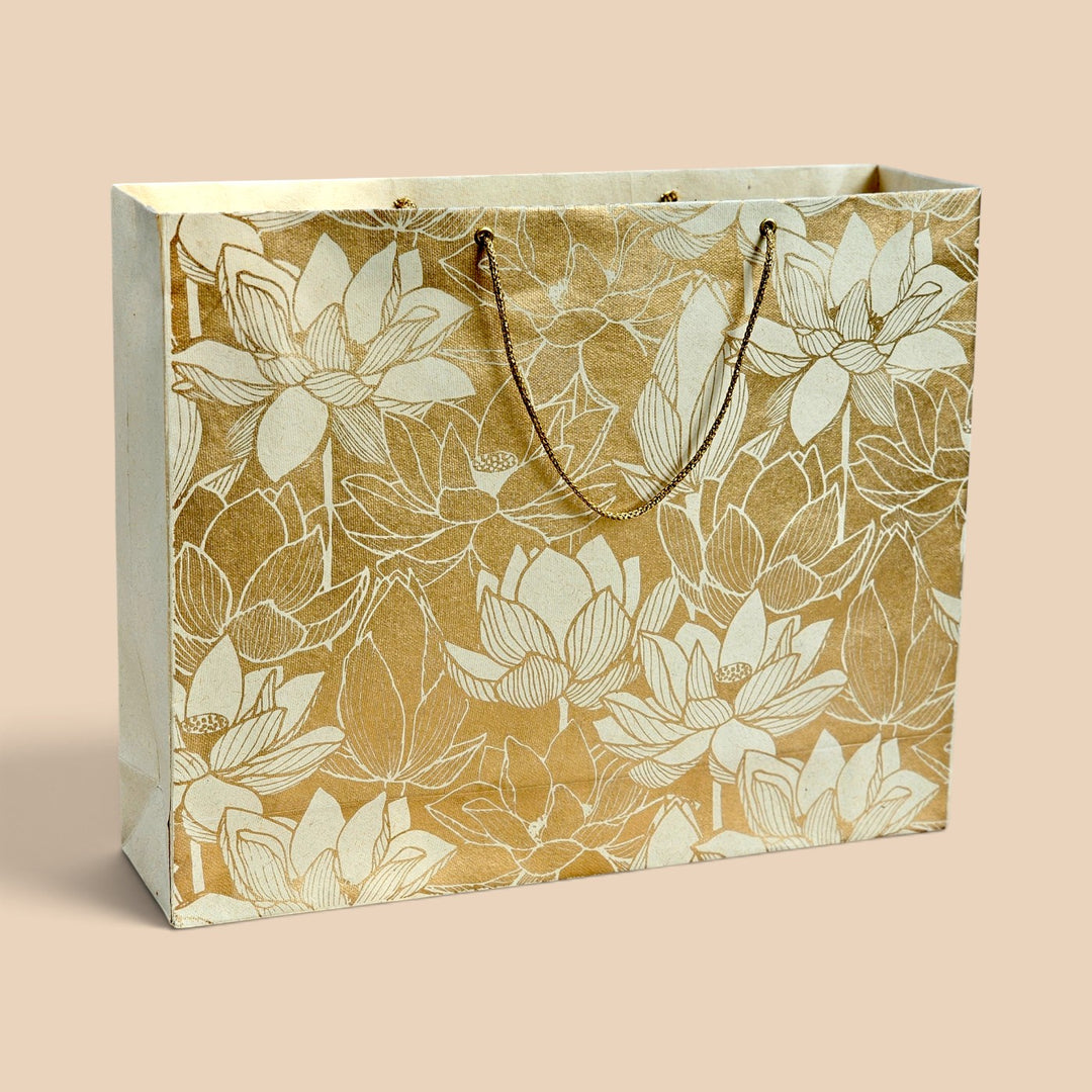 "Lotus" Handmade Golden Screen Printed Large Paper Bag For Festive Gifting