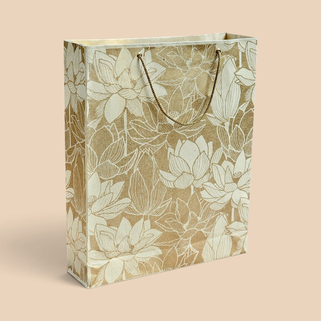 "Lotus" Handmade Golden Screen Printed Medium Paper Bag For Festive Gifting