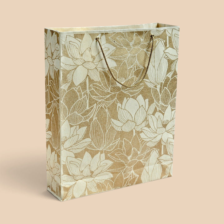 "Lotus" Handmade Golden Screen Printed Medium Paper Bag For Festive Gifting
