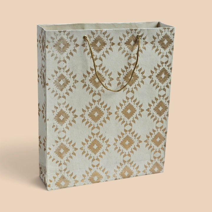 "Box Jamdani" Handmade Golden Screen Printed Medium Paper Bag For Festive Gifting