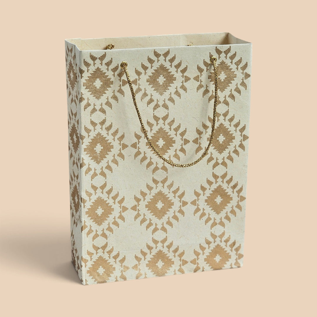 "Box Jamdani" Handmade Golden Screen Printed Small Paper Bag For Festive Gifting