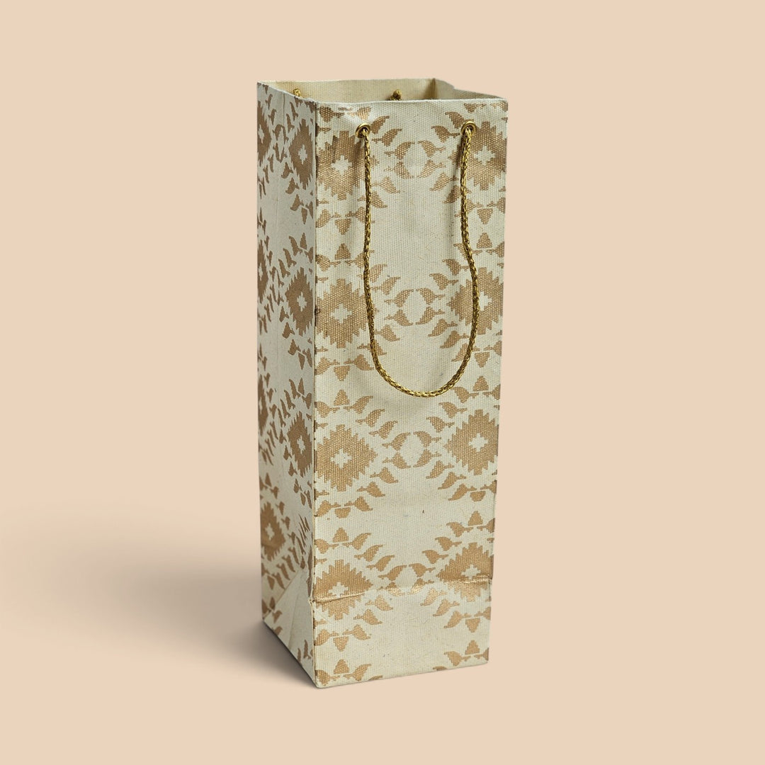 "Box Jamdani" Handmade Golden Screen Printed Bottle Paper Bag For Festive Gifting