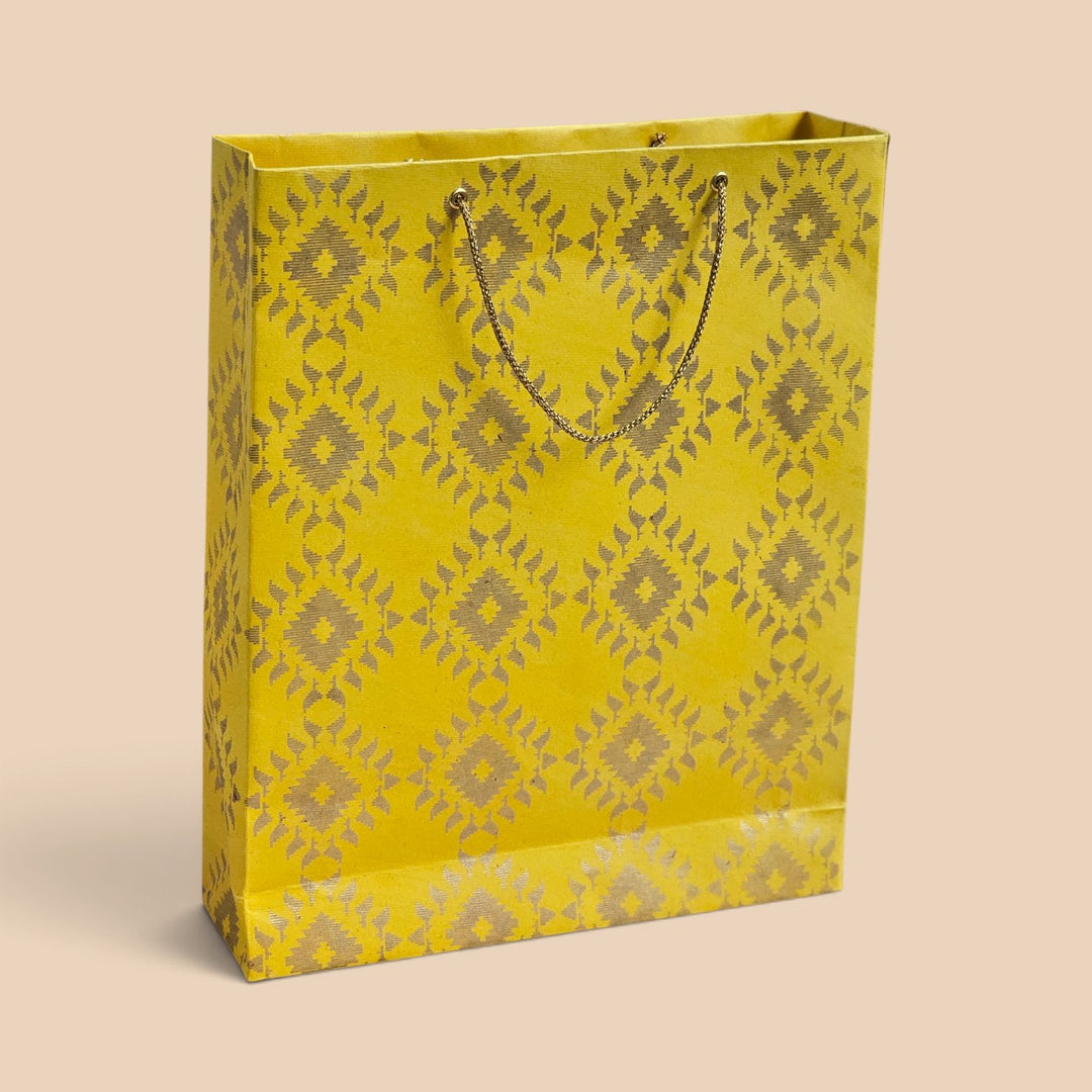 "Box Jamdani" Handmade Golden Screen Printed Medium Paper Bag For Festive Gifting