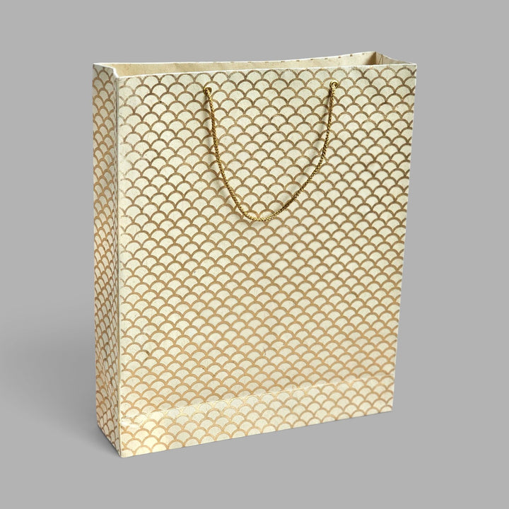 "Fishscale" Handmade Golden Screen Printed Medium Paper Bag For Festive Gifting