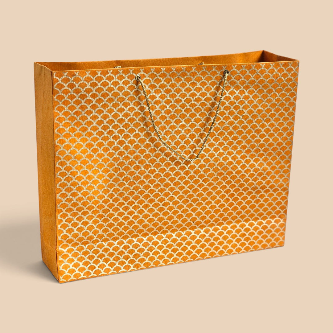 "Fishscale" Handmade Golden Screen Printed Large Paper Bag For Festive Gifting