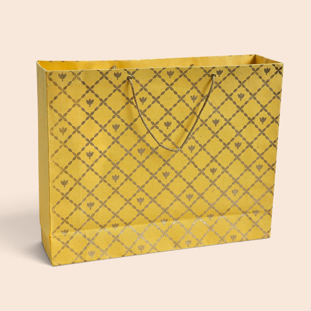 "Box Flower Maze" Handmade Golden Screen Printed Large Paper Bag For Festive Gifting