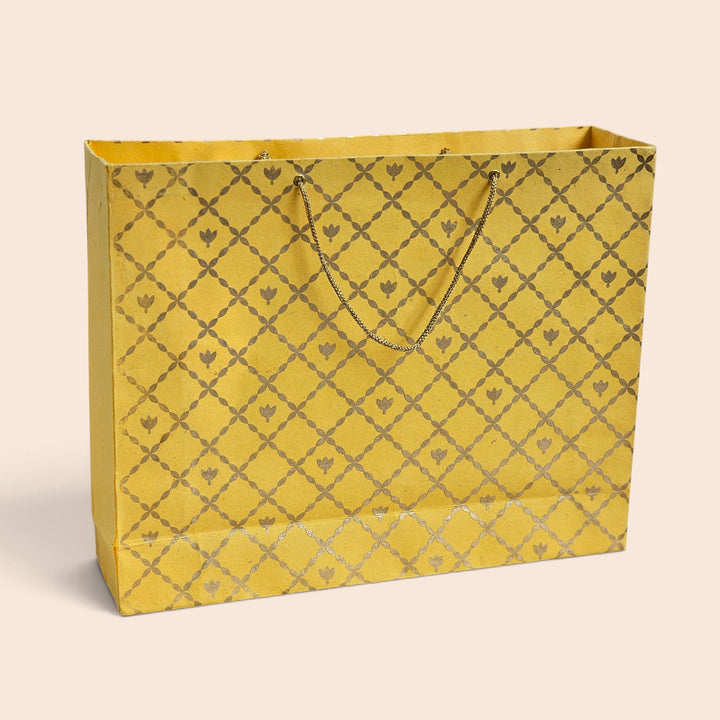"Box Flower Maze" Handmade Golden Screen Printed Large Paper Bag For Festive Gifting