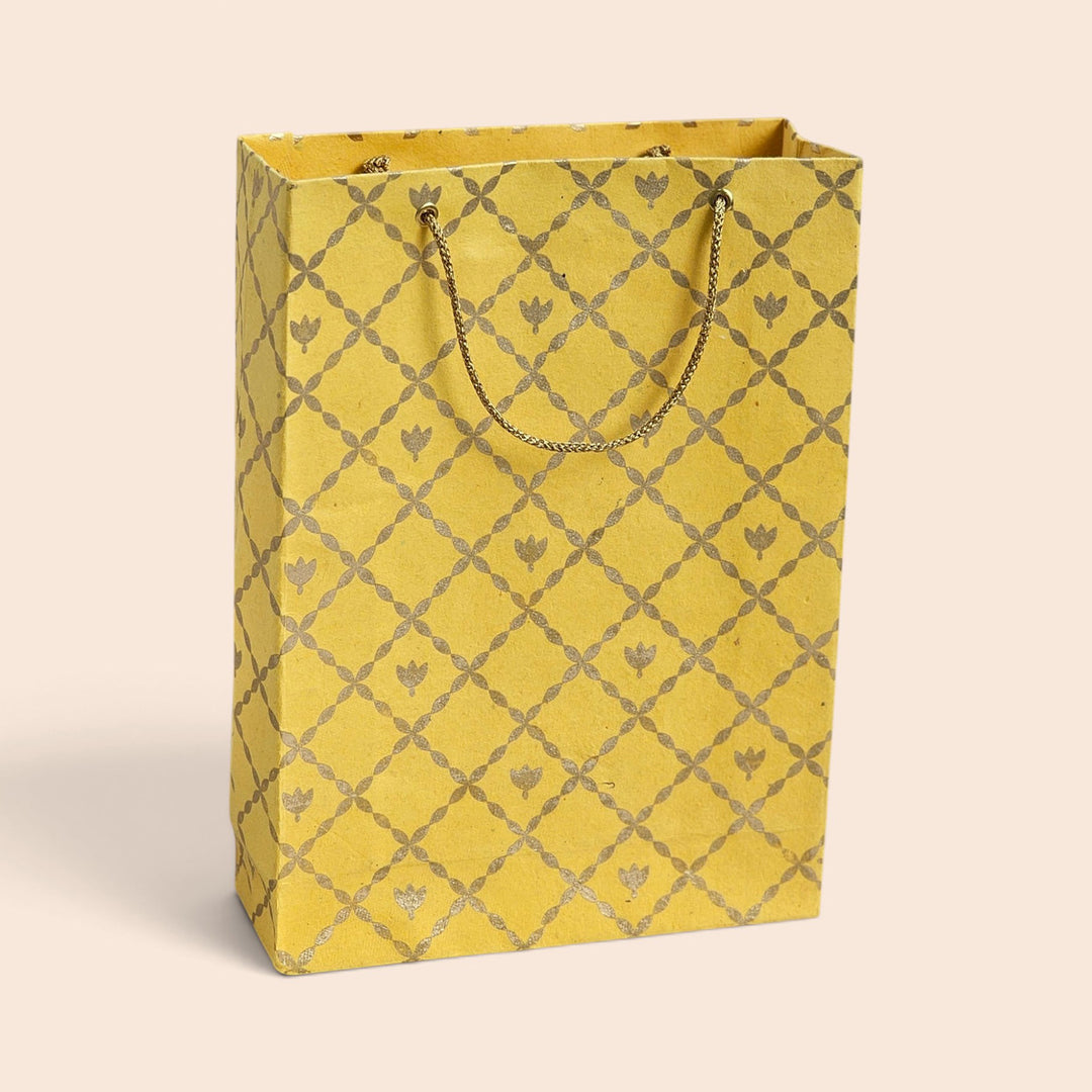 "Box Flower Maze" Handmade Golden Screen Printed Small Paper Bag For Festive Gifting