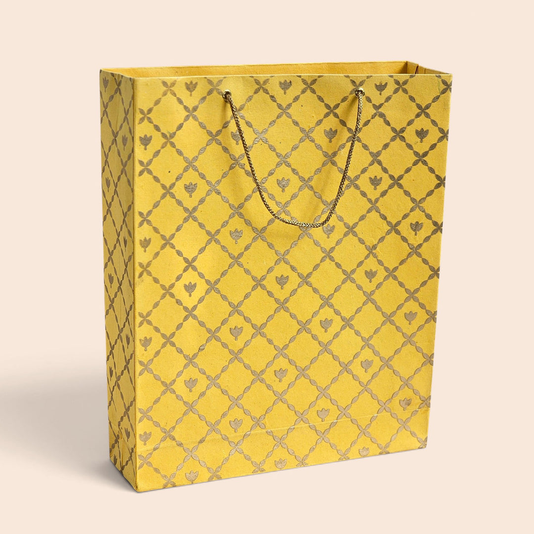 "Box Flower Maze" Handmade Golden Screen Printed Medium Paper Bag For Festive Gifting