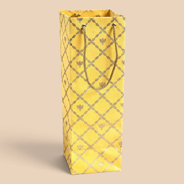 "Box Flower Maze" Handmade Golden Screen Printed Bottle Paper Bag For Festive Gifting