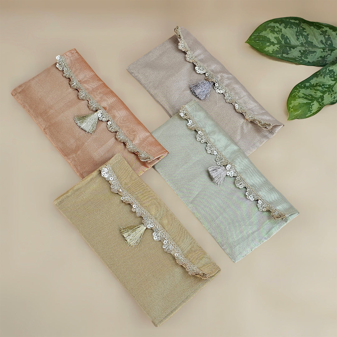 Set Of 2 | "Scallop" Handcrafted Tissue Fabric Gift Envelopes With Gota Edging And Tassel Detailing For Festive Gifting