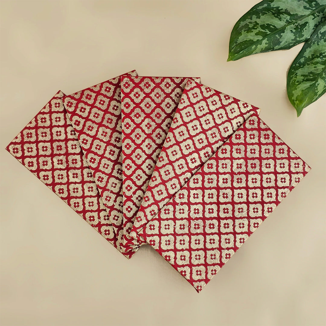 Set Of 5 "Mughal Boota" Screen Printed Handmade Paper Gift Envelopes With Flap Closure For Festive Gifting
