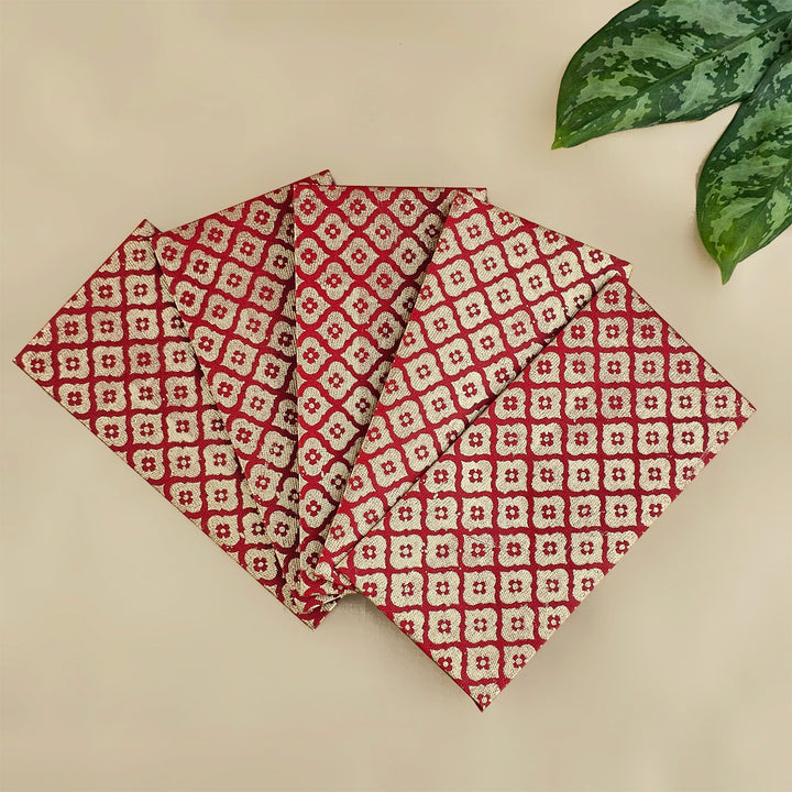 Set Of 5 "Mughal Boota" Screen Printed Handmade Paper Gift Envelopes With Flap Closure For Festive Gifting