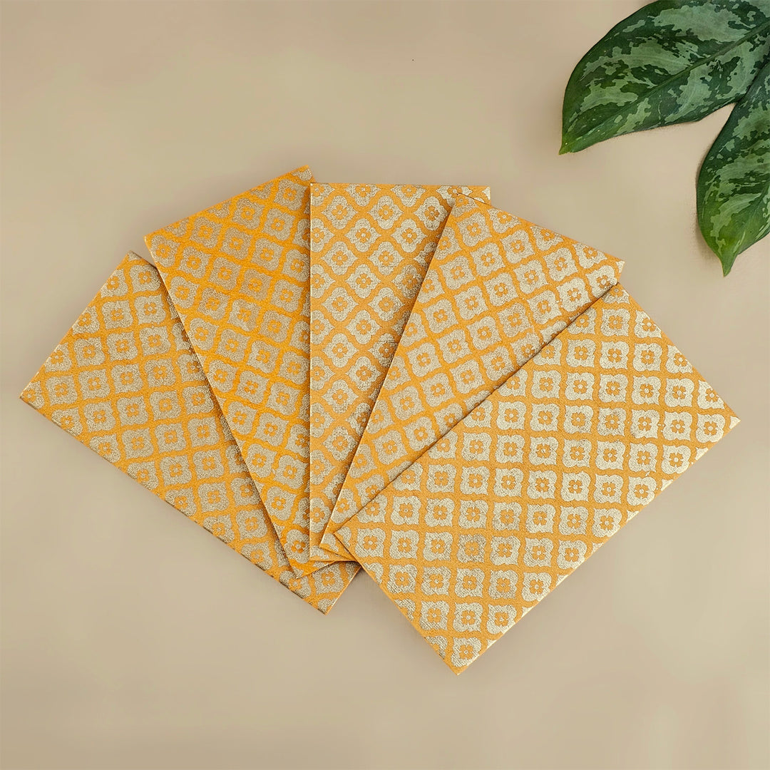 Set Of 5 "Mughal Boota" Screen Printed Handmade Paper Gift Envelopes With Flap Closure For Festive Gifting